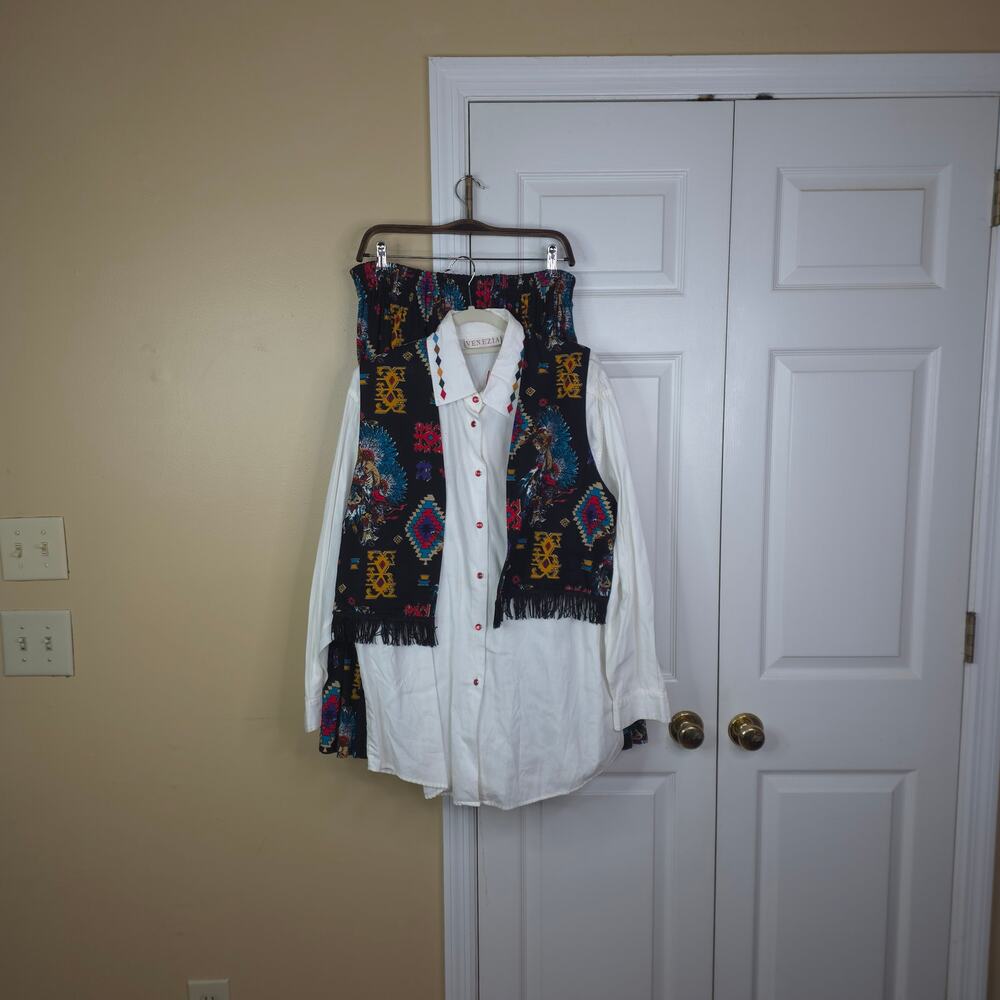 Vintage Shamash & Sons Southwestern Tribal Print Fringe Vest Maxi Skirt Set XL